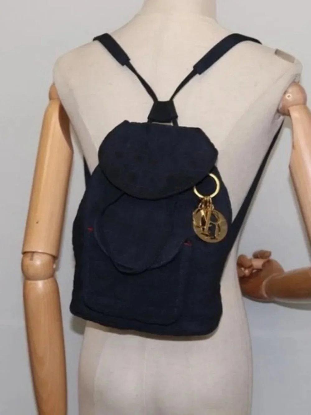 Christian Dior Canage Backpack Nylon Navy Gold Auth 146576